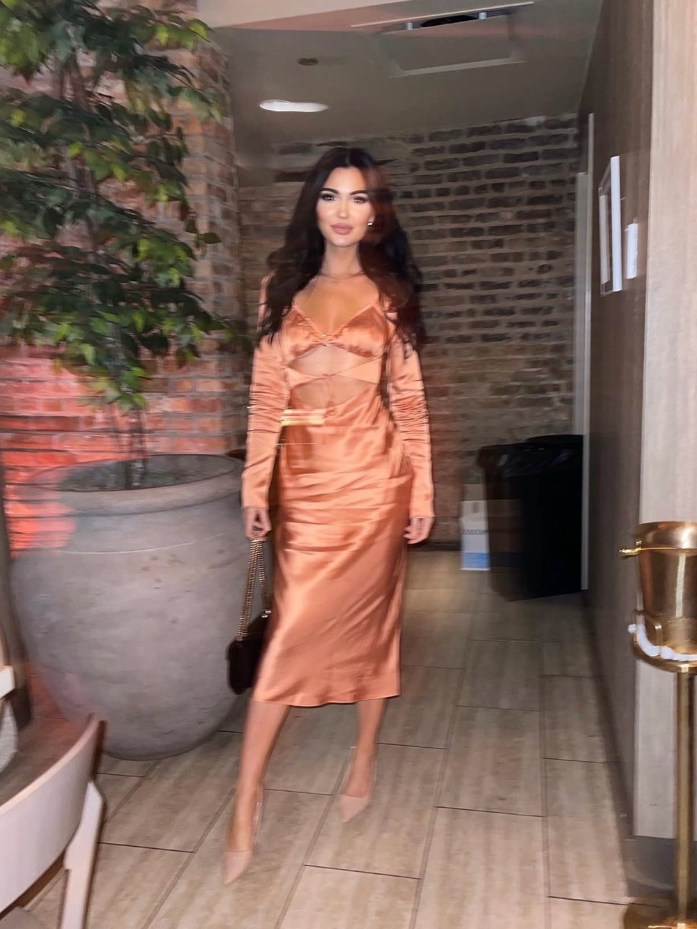 Satin Copper/Orange Cutout Midi Dress